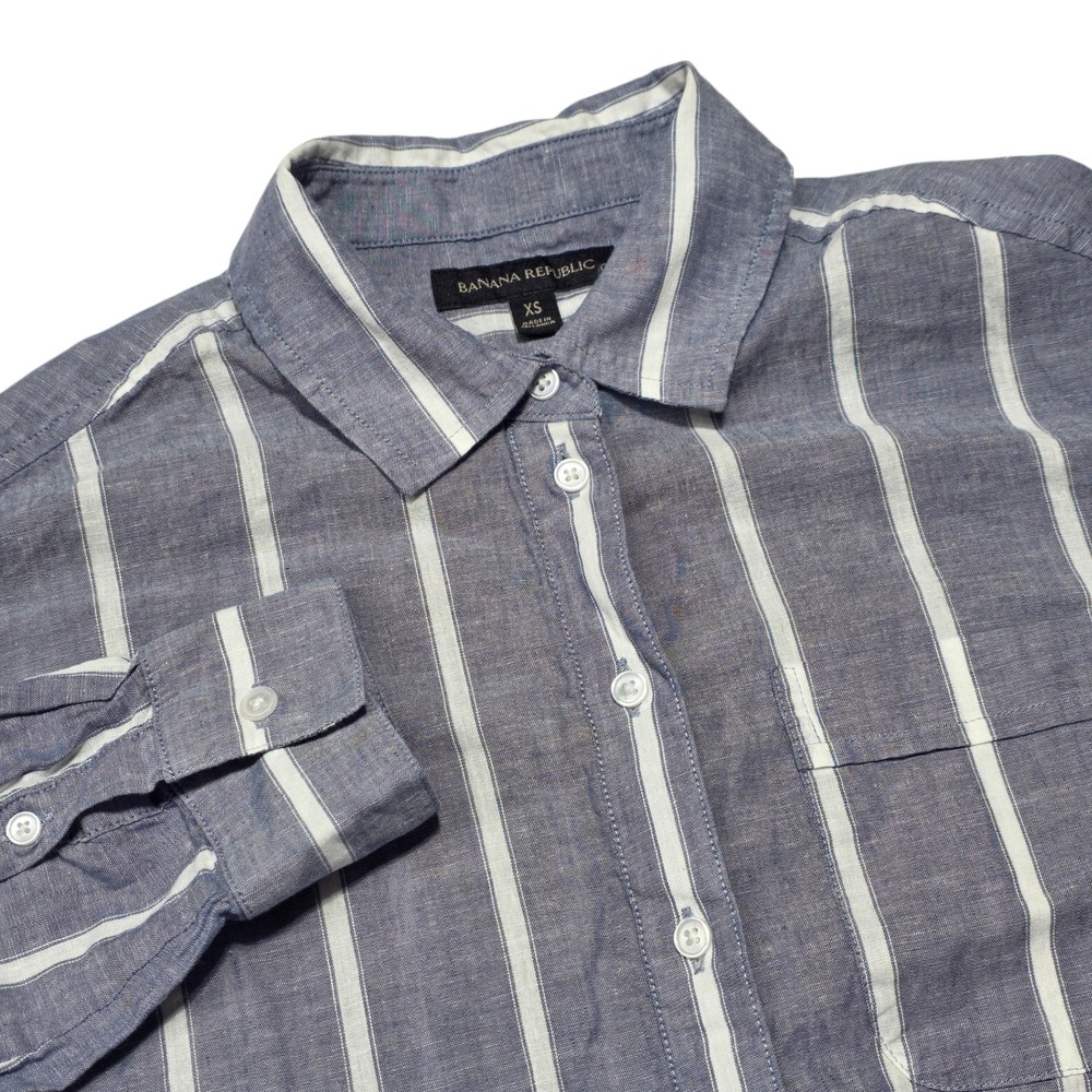 Banana Republic Shirt Womens XS Blue White Striped Cotton Linen High Low 700627